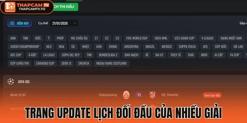 Trang cập nhật lịch đối đầu của nhiều giải